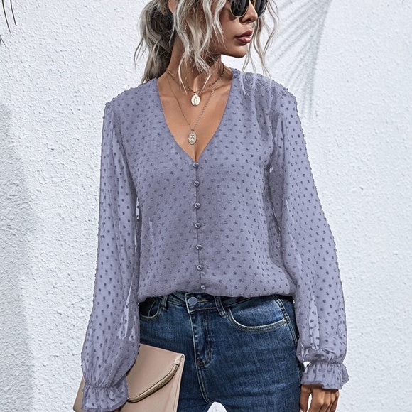 swiss dot v neck button chiffon long sleeve top - Picture 4 of 16